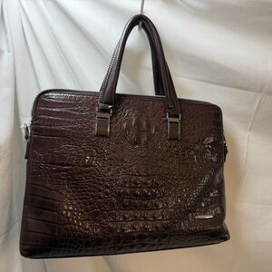 Elegant Dark Brown Crocodile-Embossed Laptop Bag with matching wallet